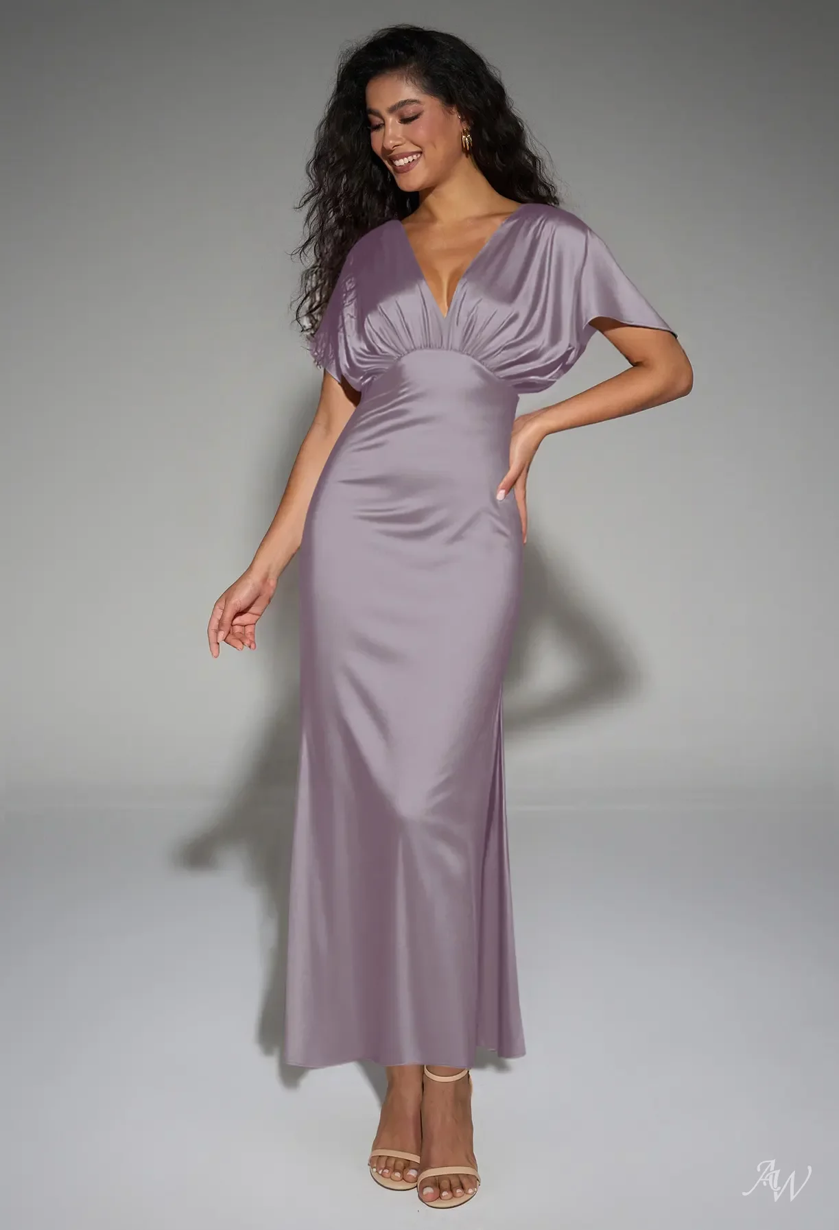 AW Valeria Dress, Pearl Pink Satin Charmeuse Ankle Length V-Neck
